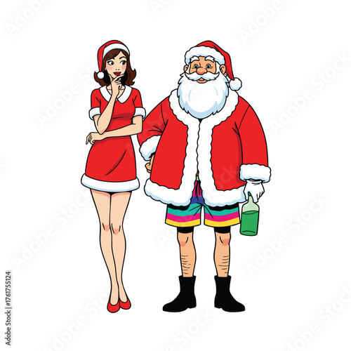 Cartoon Santa Claus in rainbow board shorts and a woman in a festive red dress a humorous Christmas couple.