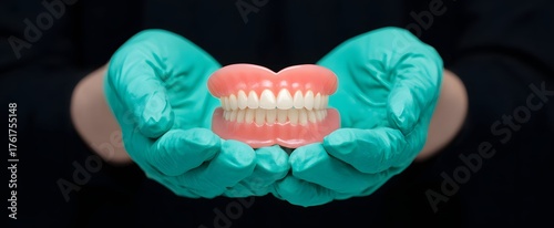 Dentist gently holds full dentures inspiring trust and hopeful smiles in teal gloves