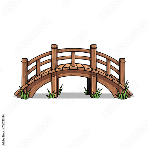 Charming arched wooden garden bridge with plank decking and side handrails cartoon illustration style.