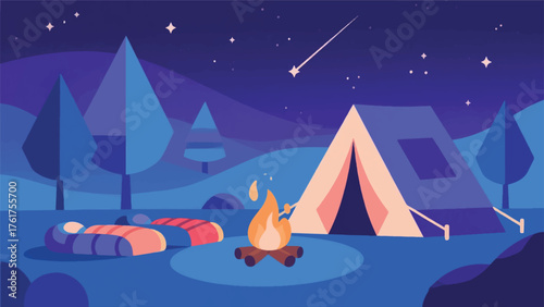 Illustration Vector Cozy Campsite Setup (Tent, Campfire, Sleeping Bag) Under A Starry Night Sky Vector Design Template