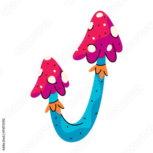 Cartoon magic mushroom. Vector psychedelic toadstool. Fantasy or fairy, enchanted or mystic toadstool. Witchcraft and trip, vision and dream, hallucination and witchcraft ceremony fungi. Fairy shroom.