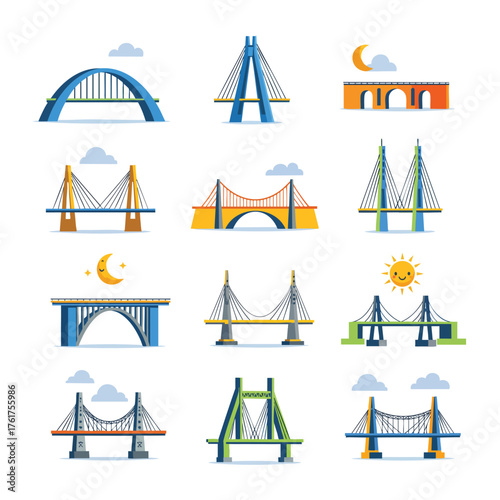 Colorful collection of various bridge types including suspension and arch in a modern flat vector illustration style.