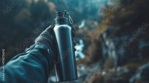 Person Holding Reusable Metal Water Bottle in Cold Mountain Landscape