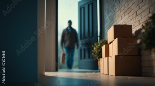Delivery man arriving with packages at customer doorstep
