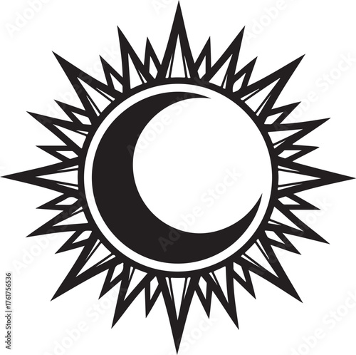 Mystical Sun and Crescent Moon Celestial Design  Black and White Esoteric Tattoo Art