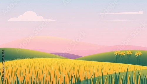 Minimalist vector illustration of a rural summer landscape featuring stylized rice paddy, wheat field, or corn farm; simple hill, grass, and sky,  landscape,  tranquil