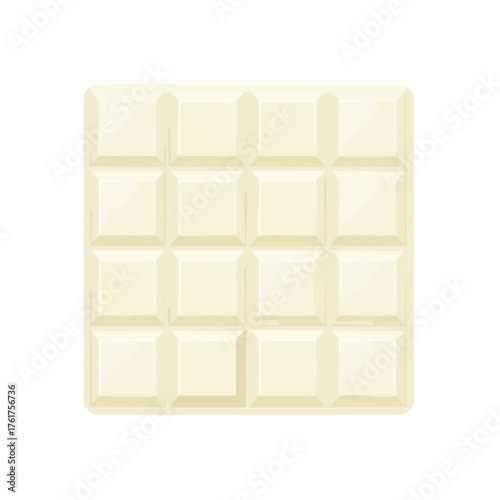 Flat vector illustration of a rectangular white chocolate bar with shiny, evenly spaced square segments set against a solid black background