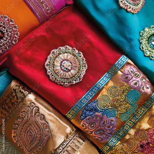 Flat lay of colorful Indian fabrics with intricate embroidery