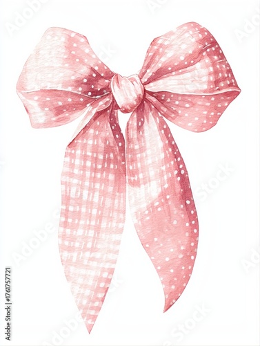 Watercolor tied ribbon bow with white check and dots, soft pastel baby pink, decorative, isolated on white