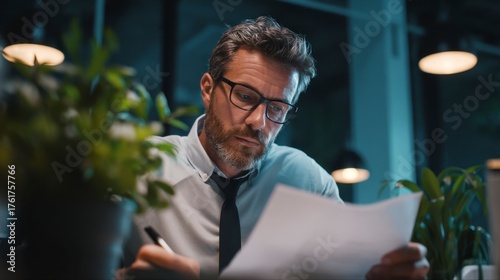 Focused businessman reviewing documents and writing notes in modern office at night