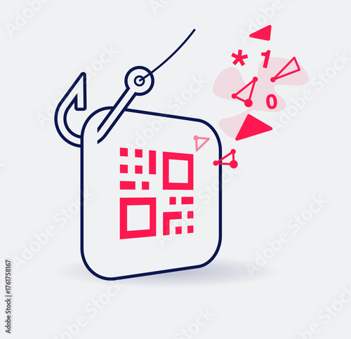 QR code phishing threat symbol with a fake qr code and fishing hook. Easy to use for your website or presentation.