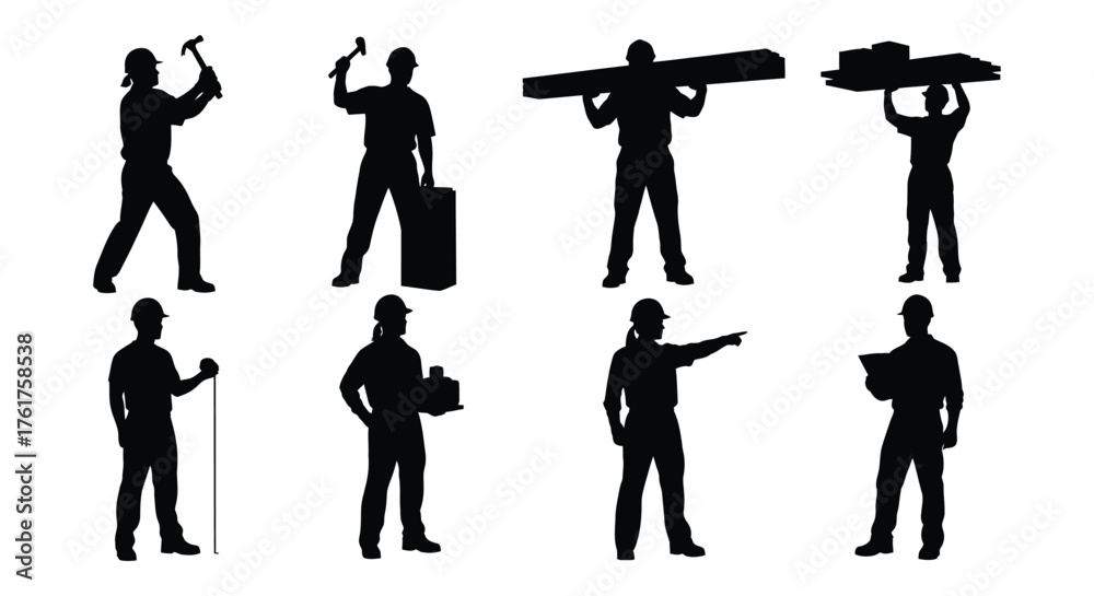 Obraz premium Silhouettes construction worker builder in different poses