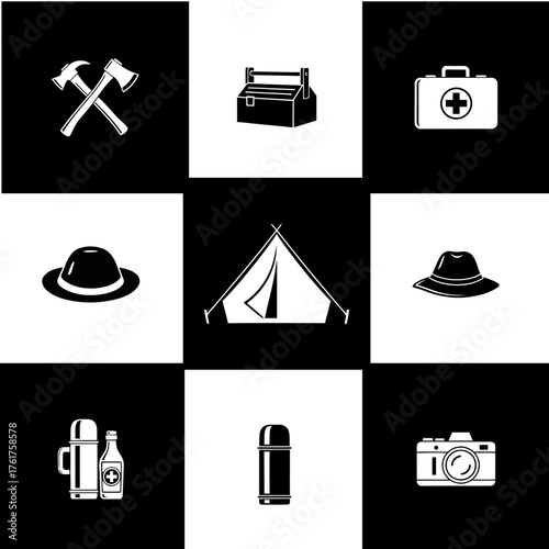 Collection of camping and outdoor adventure icons on a black and white grid