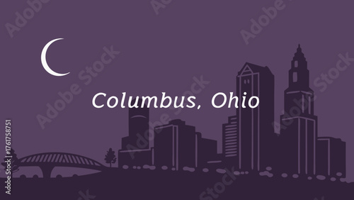 Columbus skyline with purple moonlit night in ohio, vector illustration suitable for cityscapes, travel brochures, and promotional materials.