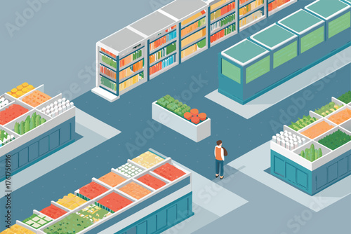 Bird's eye view of modern supermarket aisles.