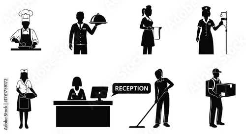 Various professions including chef, waiter, maid, nurse, receptionist, cleaner, and delivery man