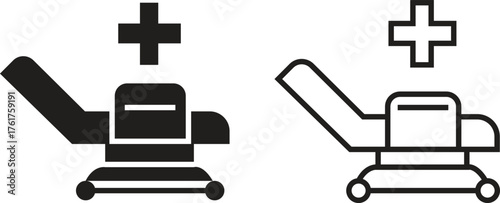Hospital bed icon set with medical healthcare symbols in flat and outline vectors illustration of patient bed, clinic equipment, emergency ward, intensive care, and hospital service designs concept.