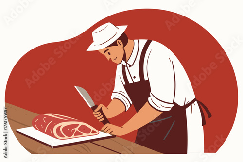 Butcher sharpens knife, preparing to cut meat.