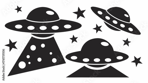 Whimsical UFO fleet soaring among the stars, fun retro design, perfect for creative projects and space-themed designs, a touch of cosmic charm and mystery