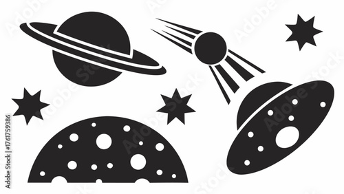 Whimsical outer space adventure awaits with planetary rings, shooting star, UFO, stars, and moon surface – perfect for imaginative designs and cosmic themes