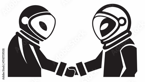Bold vision of future collaboration showing two astronauts shaking hands symbolizing cosmic teamwork and space exploration advancement, a symbol of unity