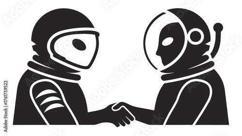 Astronauts shaking hands, a symbol of space exploration collaboration and interstellar teamwork, perfect for science fiction, cosmic adventures, and future concepts