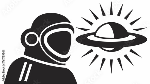Bold space exploration concept art featuring a retro astronaut encountering a mysterious UFO in deep space, inspiring cosmic wonder and futuristic dreams