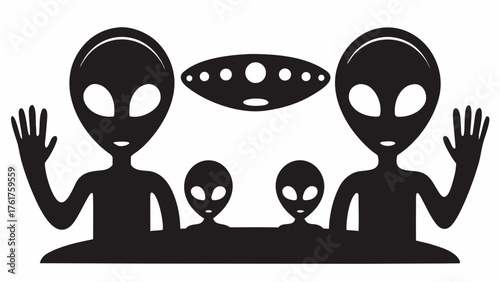 Friendly aliens waving hello from their UFO, welcoming visitors with a peaceful interstellar greeting, signaling universal unity and cosmic friendship