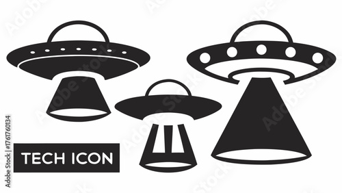 Sleek black UFO icon collection beaming down, a modern tech symbol perfect for science fiction, futuristic design, or technology concepts in scalable vector art