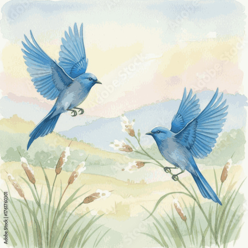 Azure Wings Over Grass Bluebirds in the Meadow isolated watercolor vector illustration svg