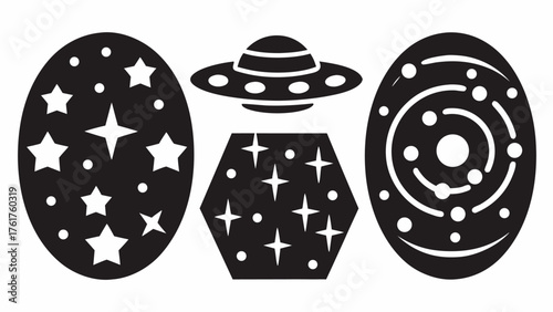 Whimsical space adventure awaits with this fun, modern graphic featuring UFO, stars, planets, and cosmic elements, perfect for kids and creative projects