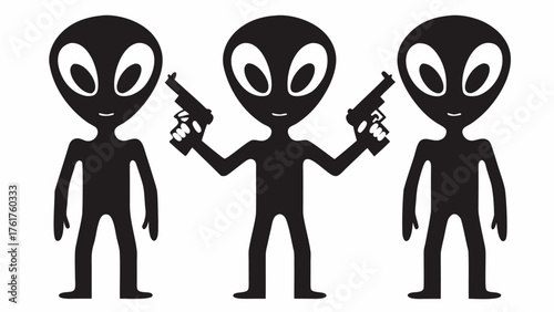 Three black aliens armed with guns, a humorous and playful take on extraterrestrial themes, funny and quirky, perfect for sci-fi fans and those who love quirky designs