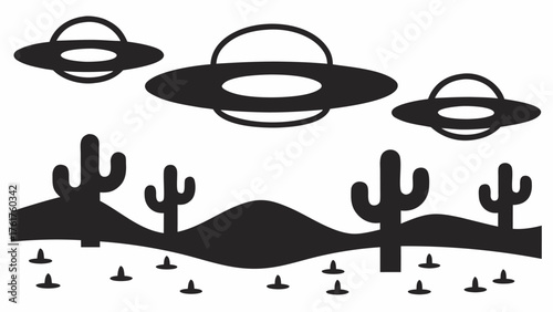 UFO sightings over desert landscape with cacti, mysterious unidentified flying objects in the Southwest for alien conspiracy theorists and sci-fi enthusiasts