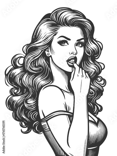 glamorous woman with voluminous curly hair sketch engraving generative ai fictional character raster illustration. Scratch board imitation. Black and white image.