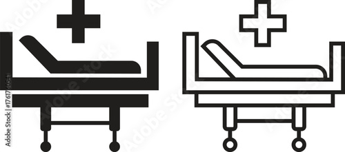 Hospital bed icon set with medical healthcare symbols in flat and outline vectors illustration of patient bed, clinic equipment, emergency ward, intensive care, and hospital service designs concept.
