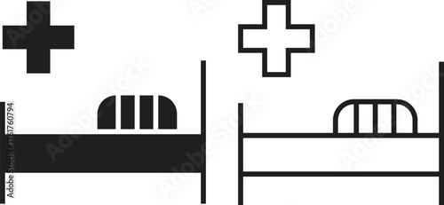 Hospital bed icon set with medical healthcare symbols in flat and outline vectors illustration of patient bed, clinic equipment, emergency ward, intensive care, and hospital service designs concept.