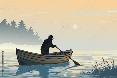 -fisherman-steering-wooden-boat-with-oar-at-dawn--.eps
