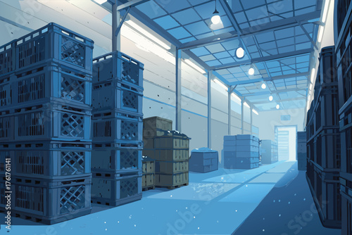 Cold storage area with milk crates, perspective view.