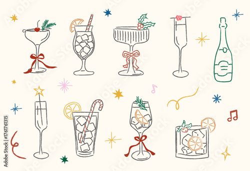 Christmas cocktail glasses with festive ribbons, holly, citrus slices, and champagne bottles in hand-drawn whimsical style. Concept of holiday drinks and celebration. Vector illustration isolated.