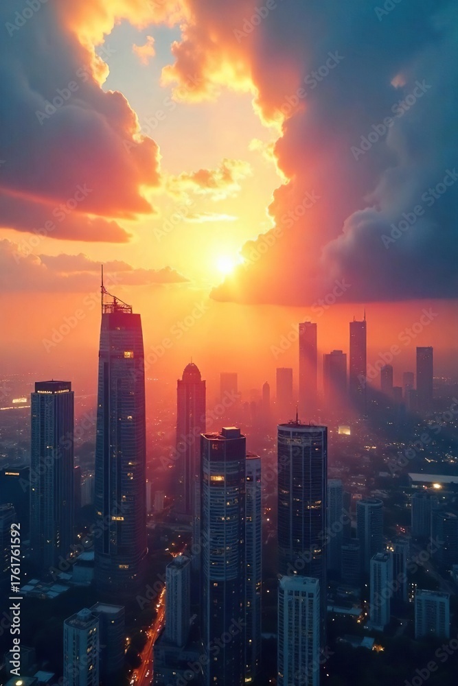 Fototapeta premium Hopeful Sunrise Cityscape Gleaming Skyscrapers and Breaking Sunrays Symbolize Progress and a Bright Future, Evoking Optimism and Ambition