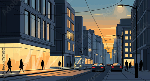 Modern city street at sunset