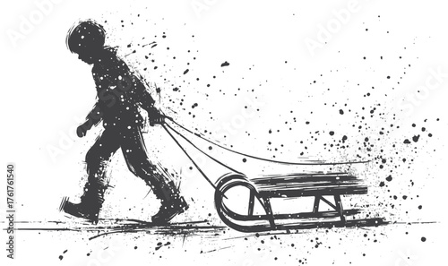  A black-and-white stencil-style illustration of a child pulling a sled through a spray of ink dots. Evokes winter, movement, solitude, and playful outdoor motion with an artistic edge1