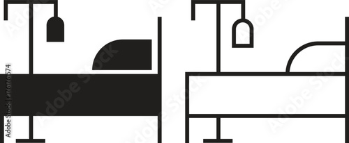 Hospital bed icon set with medical healthcare symbols in flat and outline vectors illustration of patient bed, clinic equipment, emergency ward, intensive care, and hospital service designs concept.