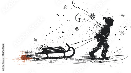  A black-and-white stencil-style illustration of a child pulling a sled through a spray of ink dots. Evokes winter, movement, solitude, and playful outdoor motion with an artistic edge1