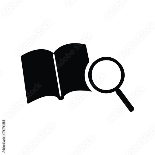 Book with magnifying glass representing research, analysis, or investigation process