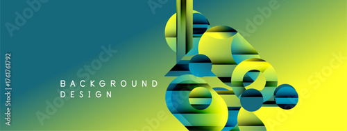 Abstract geometric shapes overlap, creating dynamic visual effect. Gradient background transitions from teal to yellow. Modern design element.