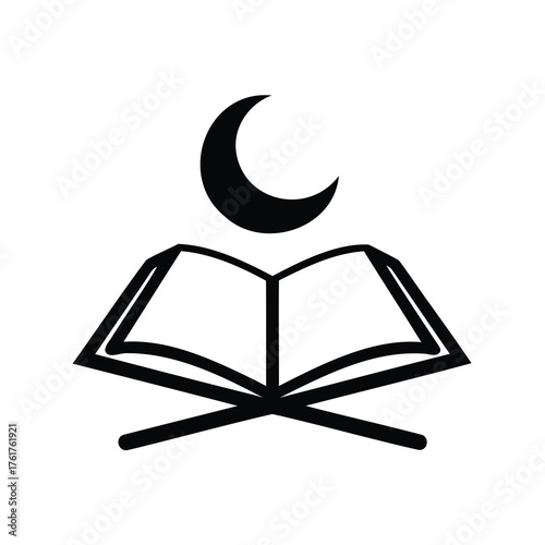 A graphic illustration of an open book with a crescent moon above it