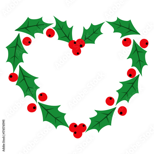 Logo con marco de hojas y bayas con forma de corazón para tarjetas y felicitaciones de Navidad 