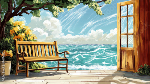 An illustration of a bench on a house terrace with a view of ocean waves