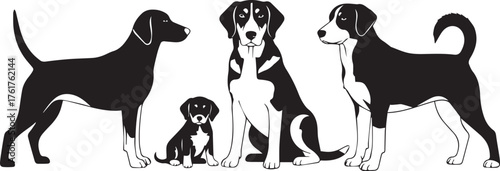 An endearing collection of domestic dogs in various sizes and poses, illustrating the beloved and diverse world of canine companions through simple, elegant illustrations